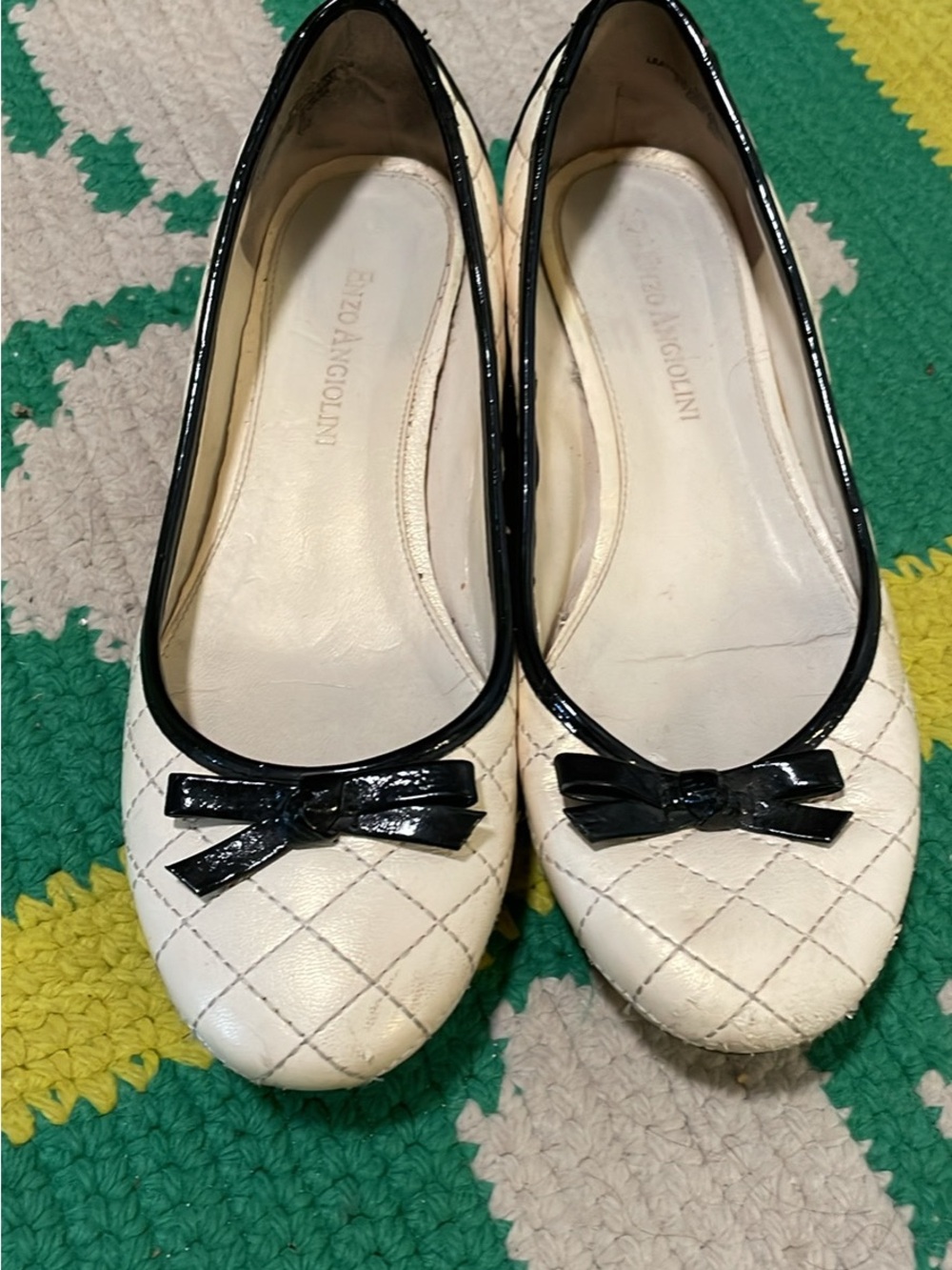 Enzo Angiolini Cream Quilted Ballet Flats with Black Patent Trim and Bow 6m
